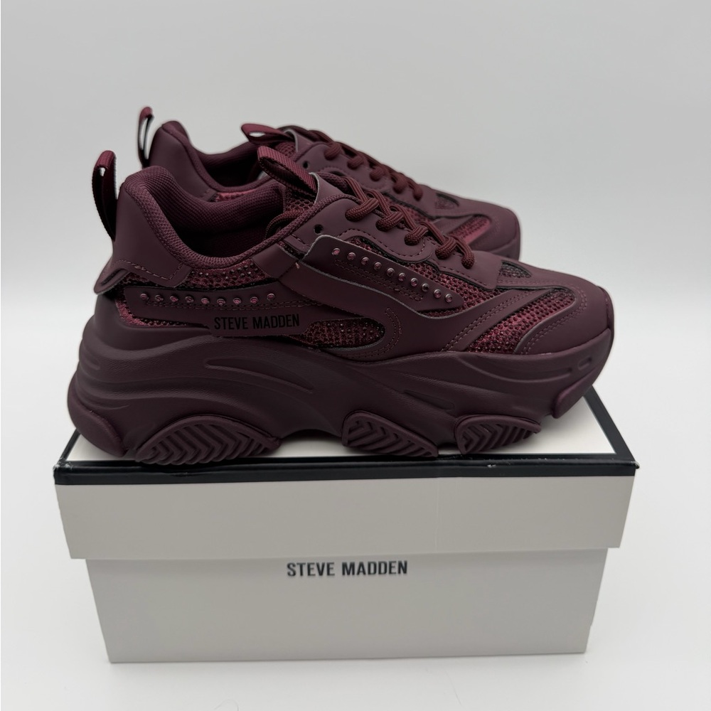 Steve Madden Rhinestone Chunky Sneakers – Burgundy Crystal Embellished Platform - Picture 6 of 7